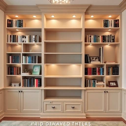 Custom-built bookshelf with adjustable shelves and integrated lighting