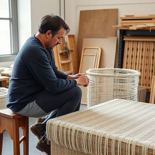 Interior view of DreamWeave Furnishings workshop, showcasing artisans working on a sofa frame